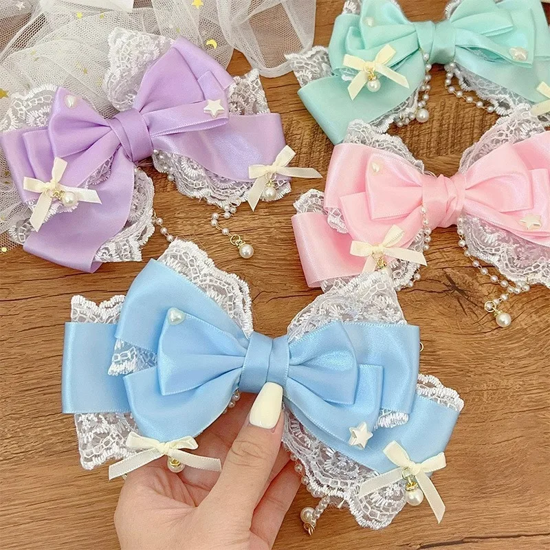 Lace Ribbon Trim - リボンレースレースパールチェーン大きなリボンパールピンクKCかわいいプリンセス帽子ヘアクリップアクセサリーロリータかぶと甘いかわいい