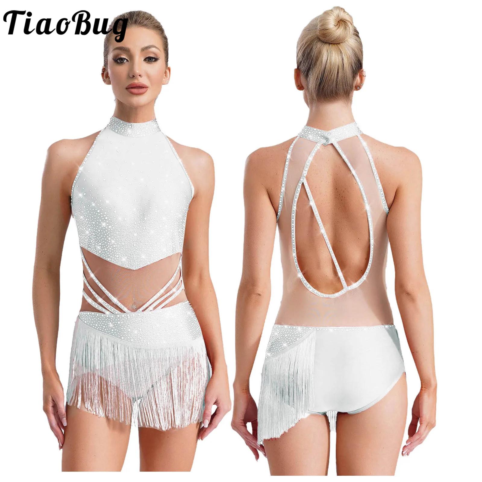 Rhinestone Banding Trim - 女性ダンスリズミックドレスノースリーブモックネックパッチワークラインストーンタッセルレオタードラテンチャチャ体操競技用
