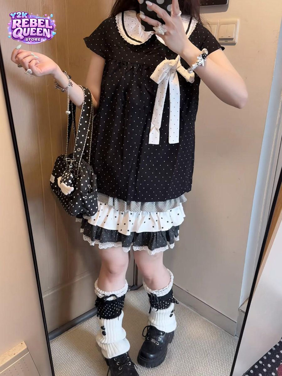 Lace Ribbon Trim - Y2Kカワイイ和風水玉柄ツーピースセット レディース ドールカラー半袖ボウレーストリムフリルケーキスカート ルーズフィットワンピース カジュアル