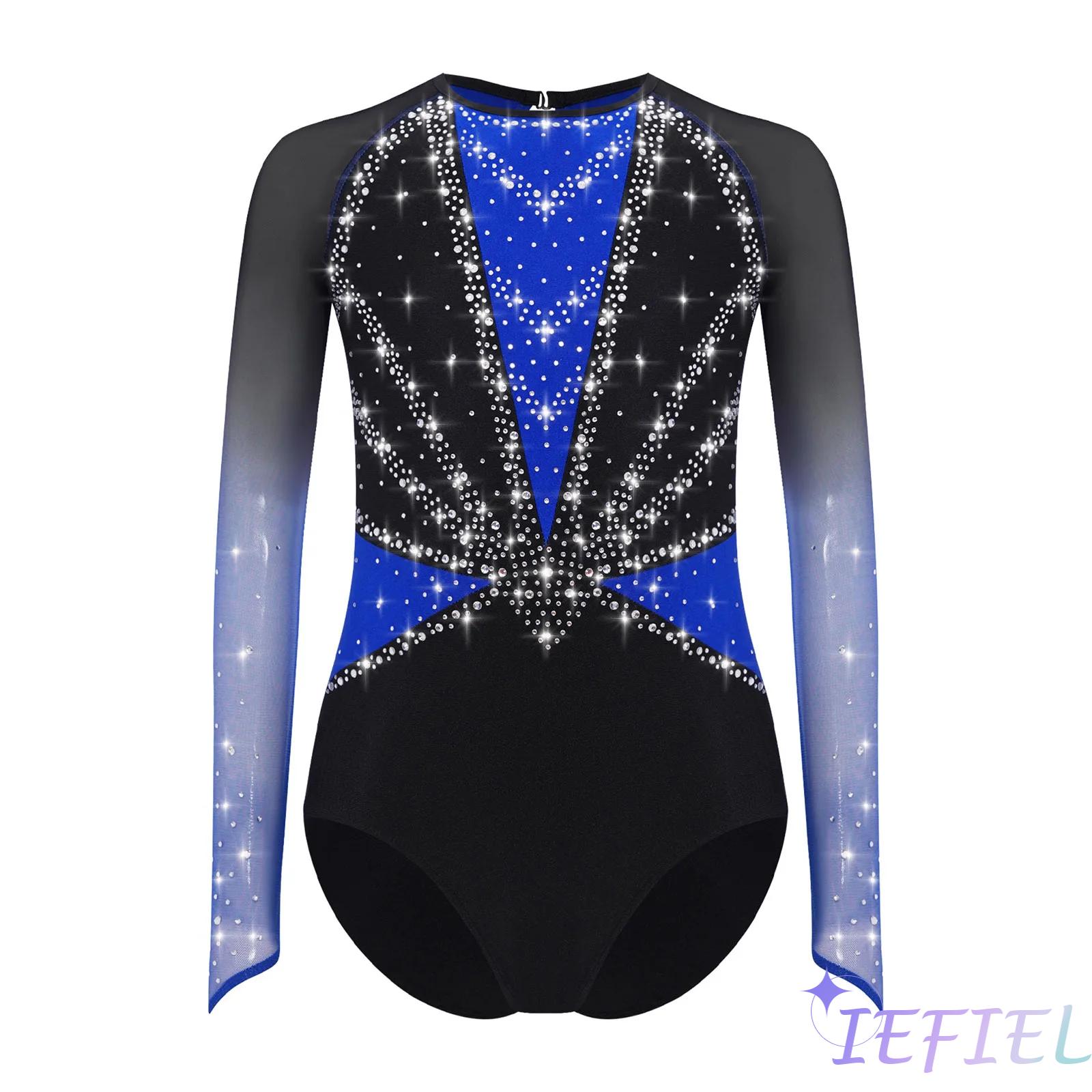 Rhinestone Banding Trim - 女の子体操レオタードシアーメッシュ長袖光沢のあるラインストーンキーホールバックボディスーツバレエダンスレオタードバレエダンスウェア
