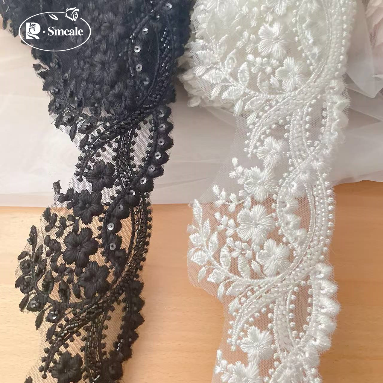 Beaded Trim Fringe - ウェディングベールエッジパイピング用ビーズレーストリム、DIYアクセサリー、手作り衣類、ブラックとミルクホワイト