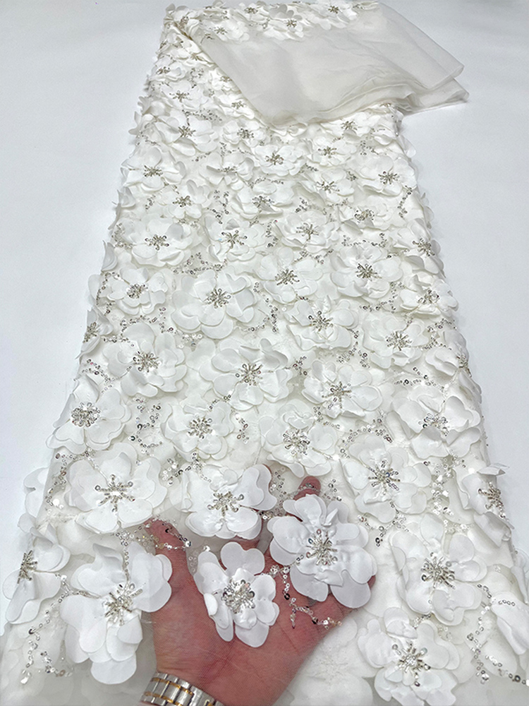白いレース生地、重厚なビーズチューブ刺繍、3Dフラワー、スパ - Crystal Mesh Fabric のレビューと価格