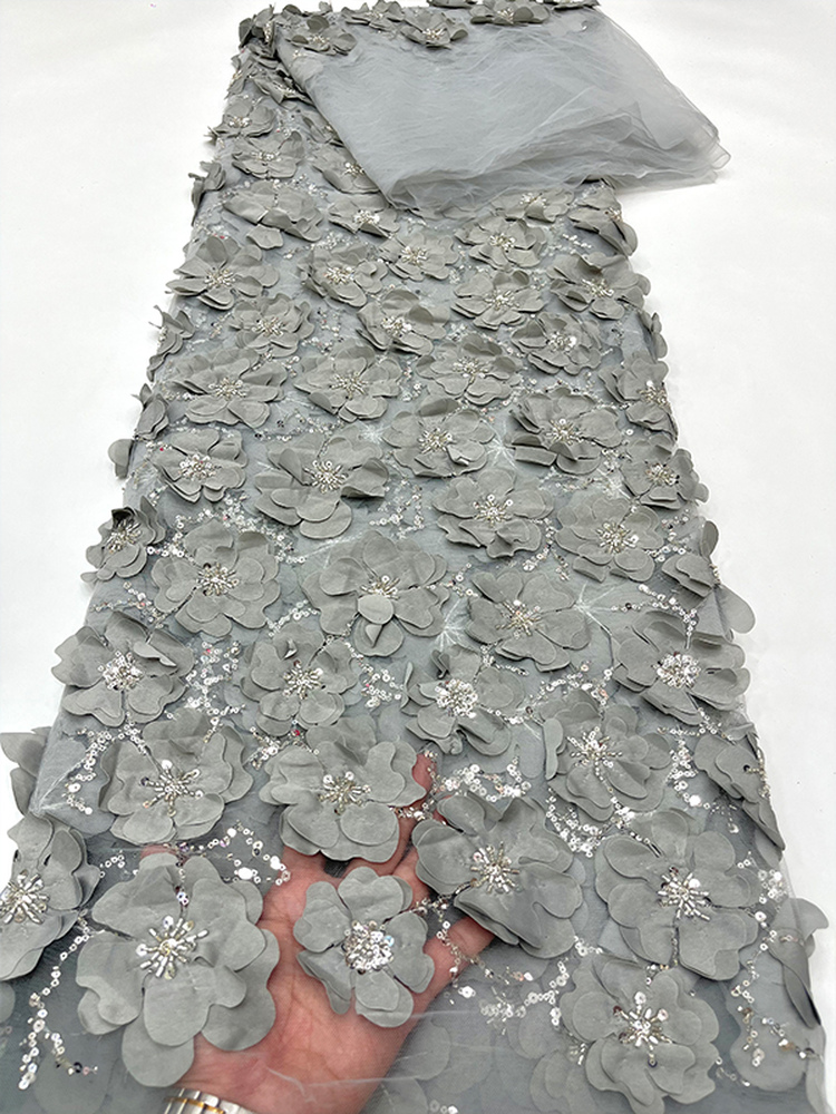 白いレース生地、重厚なビーズチューブ刺繍、3Dフラワー、スパ - Crystal Mesh Fabric のレビューと価格