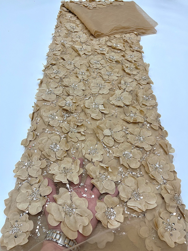 白いレース生地、重厚なビーズチューブ刺繍、3Dフラワー、スパ - Crystal Mesh Fabric のレビューと価格