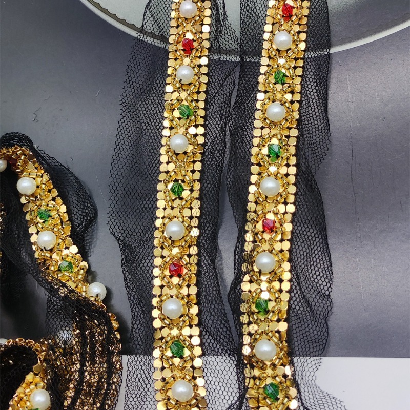 手作りの新しいゴールドビーズレーストリム、パールスパンコール - Lace Ribbon Trim のレビューと価格