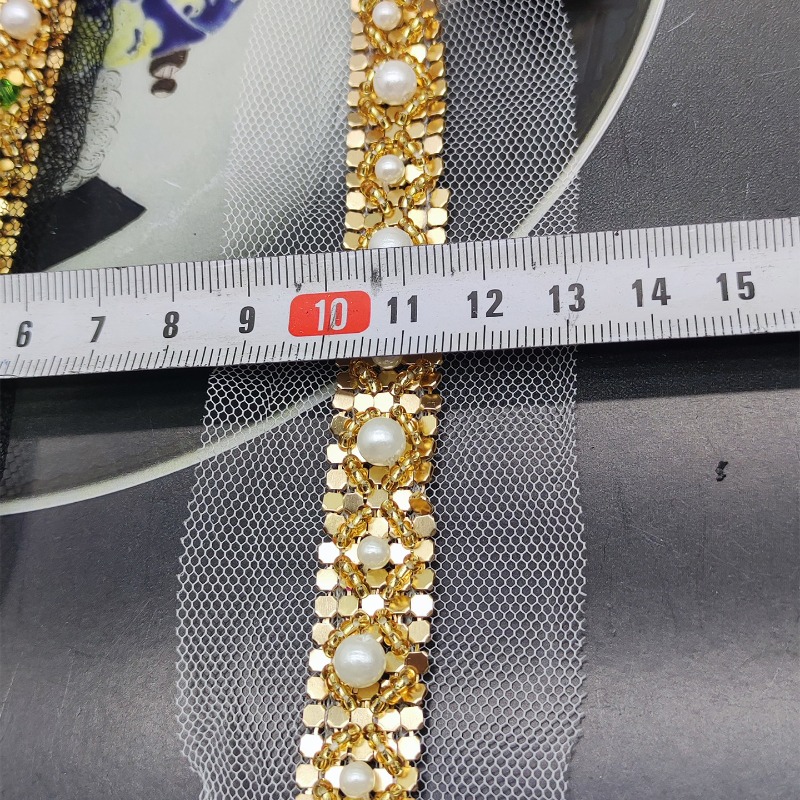 手作りの新しいゴールドビーズレーストリム、パールスパンコール - Lace Ribbon Trim のレビューと価格